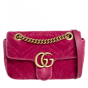 Pre Owned Gucci Fuchsia Matelassé Velvet Mini GG Marmont Shoulder Bag