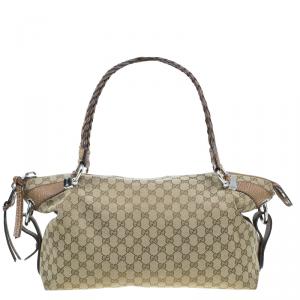 Pre Owned Gucci Beige GG Canvas Medium Bamboo Bar Tote Bag