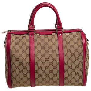 Pre Owned Gucci Beige/Red GG Canvas and Leather Medium Boston Bag
