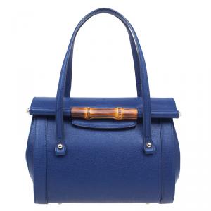 Pre Owned Gucci Blue Leather Small Bamboo Top Handle Bag