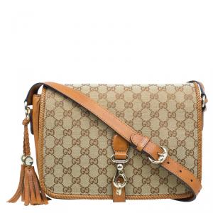 Pre Owned Gucci Beige/Brown GG Canvas Medium Marrakech Tassel Messenger Bag