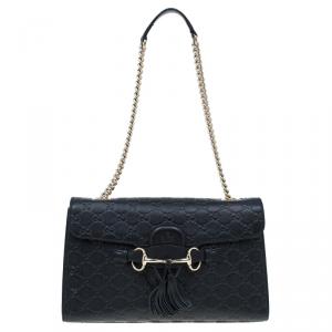 Pre Owned Gucci Black Guccissima Leather Emily Chain Shoulder Bag