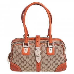 Pre Owned Gucci Brown/Beige GG Canvas and Leather Buckle Flap Glam Boston Bag