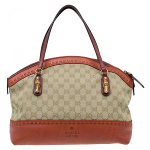 Pre Owned Gucci Beige/Orange GG Canvas and Leather Laidback Crafty Top Handle Bag