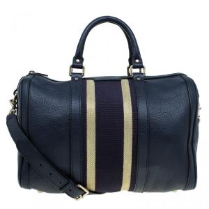 Pre Owned Gucci Black Leather Medium Web Boston Bag