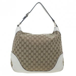 Pre Owned Gucci White Leather Canvas Charlotte Medium Hobo Bag
