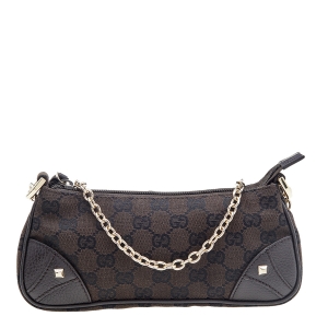 مملوكة مسبقًا Gucci Dark Brown/Black GG Canvas And Leather Chain Handle Baguette