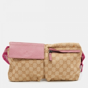 Pre Owned Gucci Beige/Pink GG Canvas And Leather Belt Bag