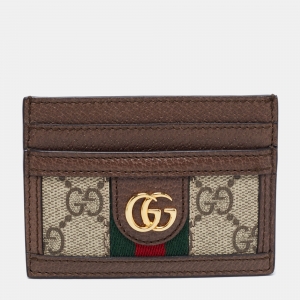 Pre Owned Gucci Beige/Brown GG Supreme Canvas And Leather Ophidia Card Case