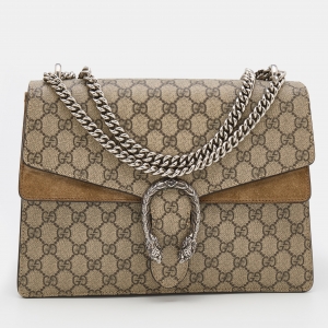 Gucci Beige GG Supreme Canvas and Suede Medium Dionysus Shoulder Bag