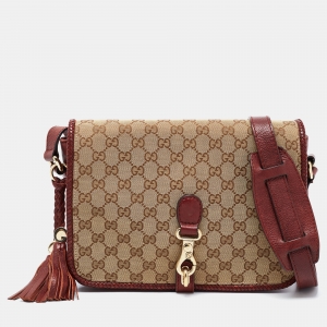 مملوكة مسبقًا Gucci Beige/Maroon GG Canvas and Leather Medium Marrakech Tassel Messenger Bag