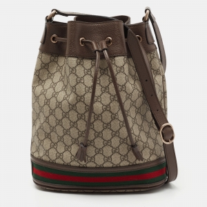 Pre Owned Gucci Beige/Brown GG Supreme Canvas and Leather Ophidia Bucket Bag
