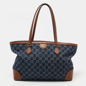 Pre Owned Gucci Blue/Brown GG Denim And Leather Medium Ophidia Shopping Tote