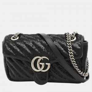 Gucci Black Leather Sequin Small GG Marmont Shoulder Bag