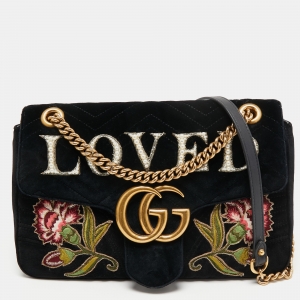 Gucci Black Love Embroidered Matelassé Velvet Medium GG Marmont Shoulder Bag