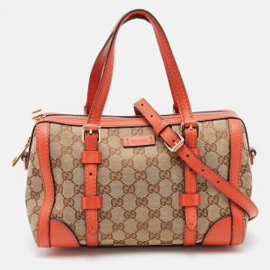 Gucci Beige/Orange GG Canvas and Leather Boston Bag
