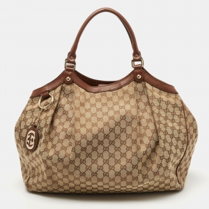 Pre Owned Gucci Brown/Beige GG Canvas and Leather Large Sukey Tote