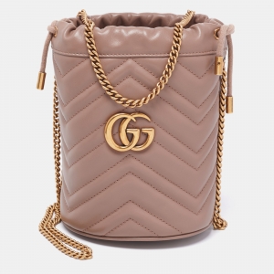 Gucci Beige Matelassé Leather Mini GG Marmont Torchon Bucket Bag      