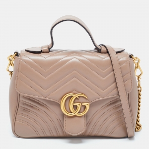 Pre Owned Gucci Beige Matelasse Leather Small GG Marmont Top Handle Bag