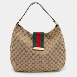 Gucci Beige/Brown GG Canvas and Leather New Ladies Web Hobo