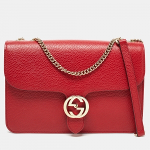 Pre Owned Gucci Red Leather Dollar Interlocking Shoulder Bag