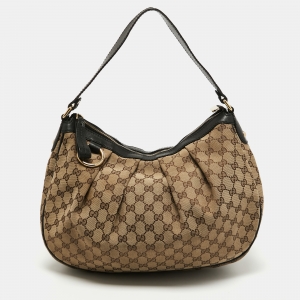 Gucci Beige/Black GG Canvas and Leather Medium Sukey Hobo
