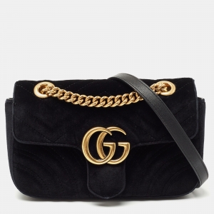 Pre Owned Gucci Black Matelassé Velvet Mini GG Marmont Shoulder Bag
