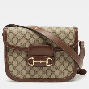 Pre Owned Gucci Beige/Brown GG Supreme Canvas and Leather 1955 Horsebit Shoulder Bag