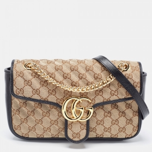 Pre Owned Gucci Black/Beige Diagonal Quilted GG Canvas and Leather Small GG Marmont Shoulder Bag