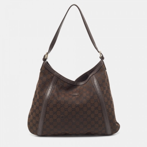 مملوكة مسبقًا Gucci Dark Brown GG Canvas and Leather Zip Hobo