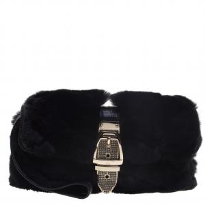 Pre Owned Gucci Black Fur Lizard Trim Crystal Embellished Wristlet Clutch