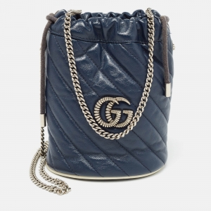 Gucci Navy Blue Matelasse Leather Mini GG Torchon Marmont Bucket Bag