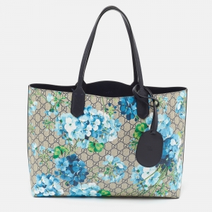 Pre Owned Gucci Navy Blue/Beige GG Supreme Canvas Medium Blooms Reversible Tote