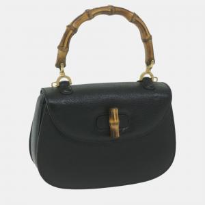 Gucci Black Calf Leather Medium Bamboo Top Handle Bags