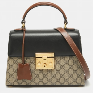 Pre Owned Gucci Tri Color GG Supreme Coated Canvas and Leather Padlock Top Handle Bag