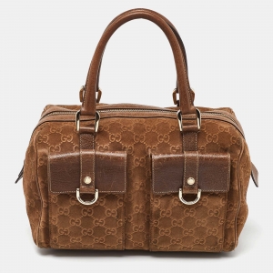 Gucci Brown GG Suede and Leather Boston Bag