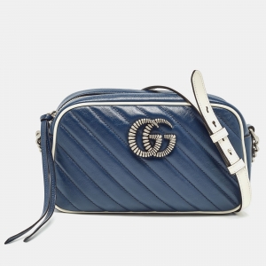 Gucci Navy Blue/White Diagonal Matelassé Leather Small GG Marmont Shoulder Bag