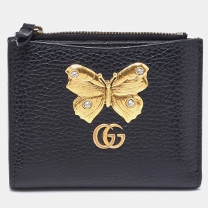 مملوكة مسبقًا Gucci Black Leather GG Marmont Butterfly Bifold Zip Wallet