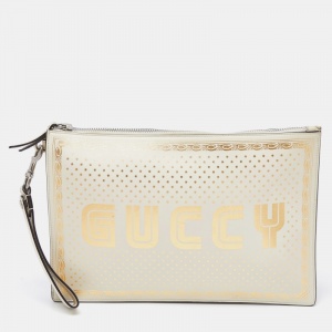Gucci Off-White Leather "Guccy" Zip Wristlet  Pouch