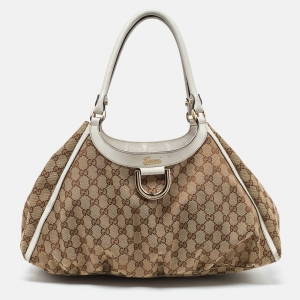Gucci Beige/White GG Canvas and Leather Large Abbey D Ring Shoulder Bag