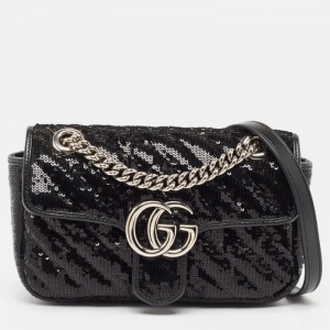 Gucci Black Diagonal Sequins and Leather Mini GG Marmont Shoulder Bag