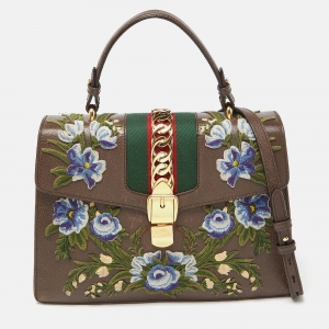 Gucci Brown Floral Embroidered Leather Medium Sylvie Top Handle Bag