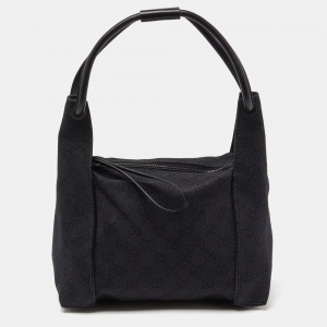 Pre Owned Gucci Black GG Denim and Leather Zip Bag