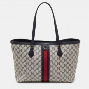 Pre Owned Gucci Blue/Beige GG Supreme Canvas and Leather Medium Ophidia Tote