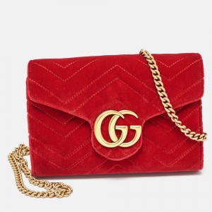 Gucci Red Matelassé Velvet GG Marmont Wallet on Chain