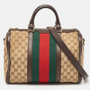 Pre Owned Gucci Brown/Beige GG Canvas and Leather Joy Web Boston Bag