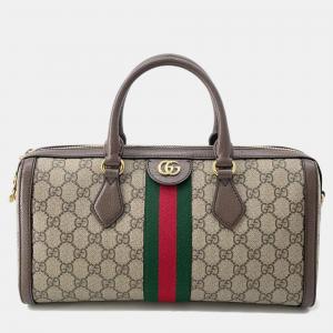 Gucci Beige/Brown GG Supreme Canvas and Leather Medium Ophidia Boston Bag