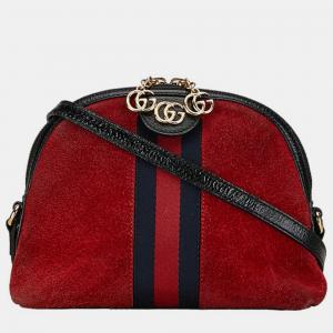 Pre Owned Gucci Red Leather, Suede Suede Small Ophidia Dome Shoulder Bag