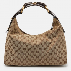 Pre Owned Gucci Beige/Brown GG Canvas and Leather Horsebit Handle Hobo