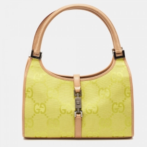 Pre Owned Gucci Natural/Neon Yellow/ Jumbo GG Canvas Jackie Tote w/ Wallet